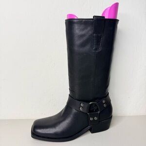 NEW Steve Madden Black Leather Ruskin Moto Engineer Square Toe Boots Size 6.5M